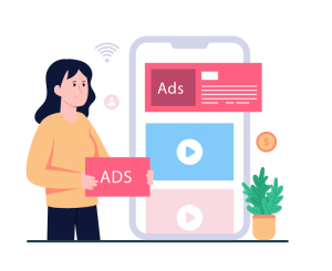 Illustration of woman managing paid advertising on a mobile device