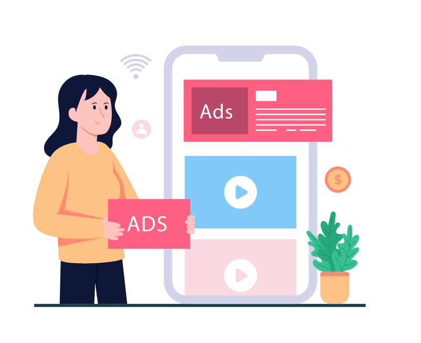 Illustration of woman managing paid advertising on a mobile device